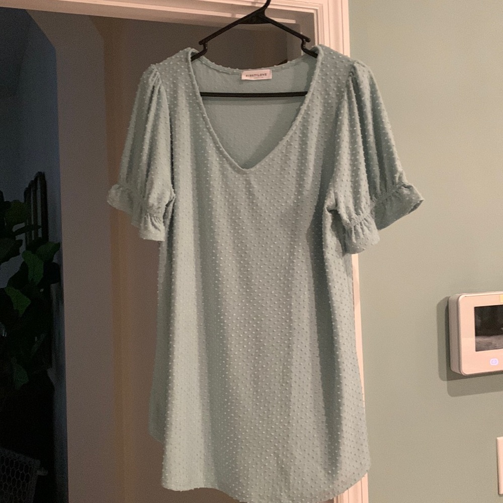 First Love purchased at Pink Blush, large, teal V neck Swiss dot ruffle sleeves